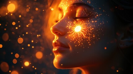 Captivating moment where luminous sparks embrace a woman\'s serene expression at twilight