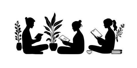 Individuals writing in journals during a mindfulness retreat, Vector Graphic