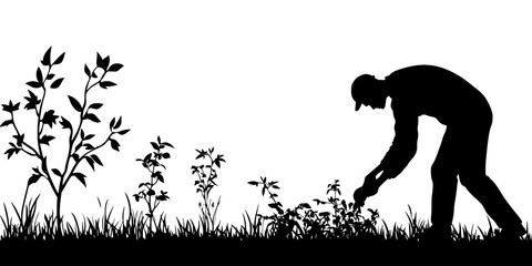 Man removing dead plants from a garden to maintain organic growing conditions, Vector Graphic