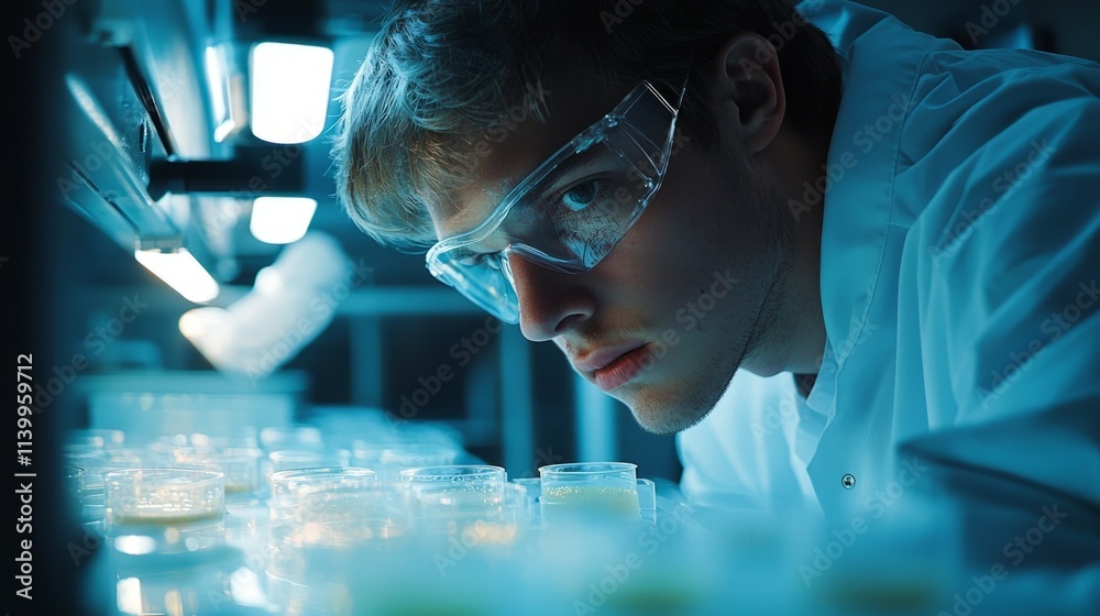 Poster a man wearing a lab coat and goggles is looking at a table full of test tubes
