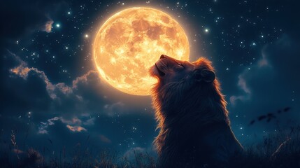 Majestic lion howling at a luminous full moon under a starlit sky in the serene night