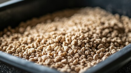 Close-up of clumping cat litter texture inside an empty litter box with soft lighting.