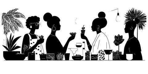 People tasting local delicacies in a traditional market during a guided culinary tour, Vector Graphic