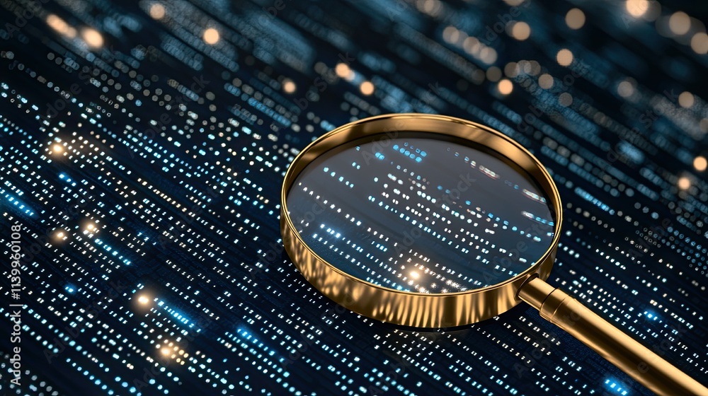 Poster a magnifying glass focuses on blue binary code, creatively representing data analysis and search eng