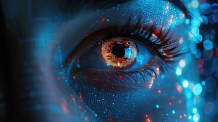 Digital eye reflecting data across a futuristic landscape illuminated by neon colors