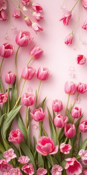 Vertical pink spring backdrop, vibrant tulips & elegant flourishes, pink, header