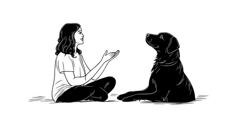 Person using verbal cues to instruct a dog to lie down on command, Vector Graphic