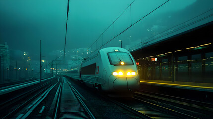 Naklejka premium Night Train Illustration: Cityscape Railway Journey