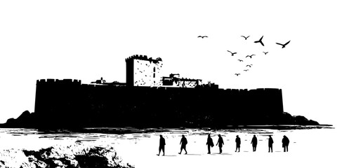 Obraz premium Tourists walking along a historic fort wall while following a guide's directions, Vector Graphic