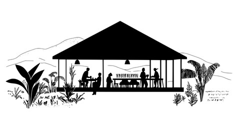 Obraz premium Travelers attending eco-workshops on organic farming while staying at a sustainable resort, Vector Graphic