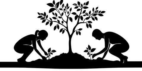 Two individuals planting a new fruit tree in a freshly dug hole in a yard, Vector Graphic