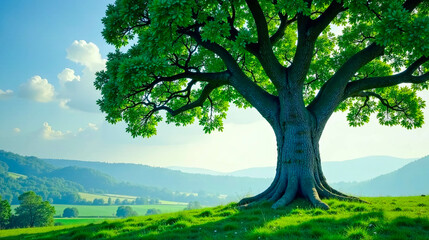 Majestic Oak Tree on Verdant Hillside, Peaceful Rural Landscape with Rolling Hills and Lush Green Foliage