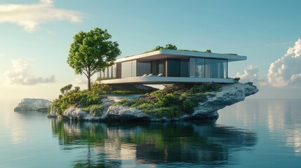 Obraz premium Modern house sits on a tranquil island in the ocean