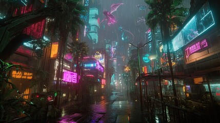 Cyberpunk City Street Raining Dragons Neon Lights