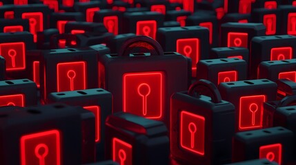 Fototapeta premium A futuristic scene featuring numerous glowing red lockboxes, symbolizing security, encryption, and protection in a digital landscape.