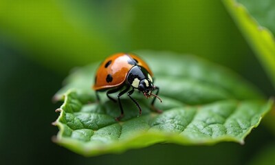 Fototapeta premium Macro photograph ladybug on green leaf vibrant orange