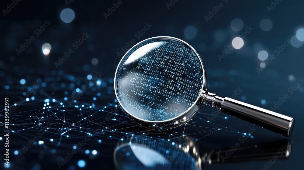 Poster a magnifying glass focuses on blue binary code, creatively representing data analysis and search eng