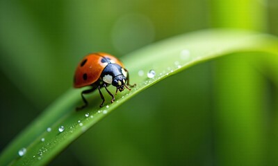 Fototapeta premium Macro photograph ladybug on green leaf vibrant orange