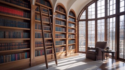 A beautifully designed home library with arched shelves filled with colorful books, exuding sophistication and intellect