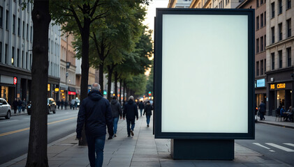 A large white sign is placed on the sidewalk where people walk past the billboard.