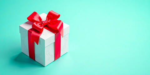A delicately decorated gift box with a vibrant red ribbon, ready for a special occasion
