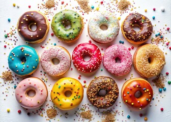Obraz premium Surreal donut artistry: a vibrant, sprinkled, sugar-coated top-down view of delectable treats.