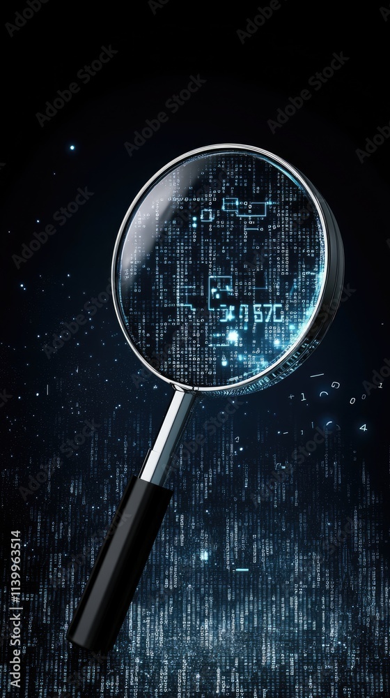Poster a magnifying glass focuses on blue binary code, creatively representing data analysis and search eng