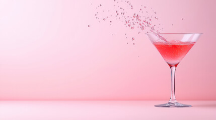 Refreshing pink cocktail in glass with bubbles against pastel background
