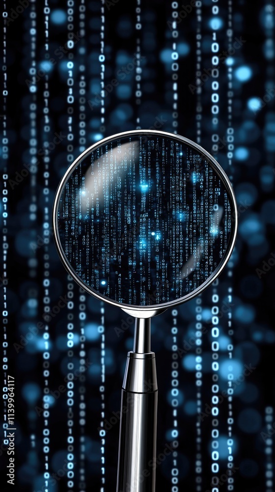 Poster a magnifying glass focuses on blue binary code, creatively representing data analysis and search eng