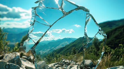 Obraz premium Shattered Glass Reflecting Mountainous Landscape