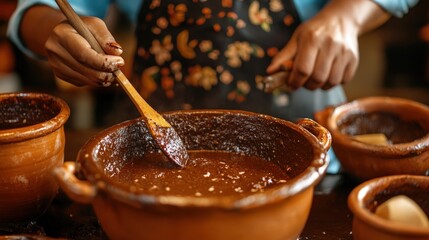 Hands stirring dark brown mole sauce in clay bowl