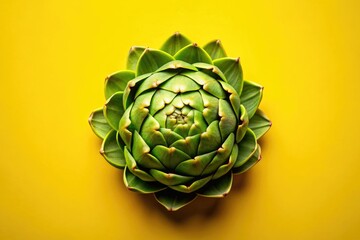 Fototapeta premium A fresh artichoke, viewed from above, against a sunny yellow. Perfect for culinary and healthy eating recipe inspiration.