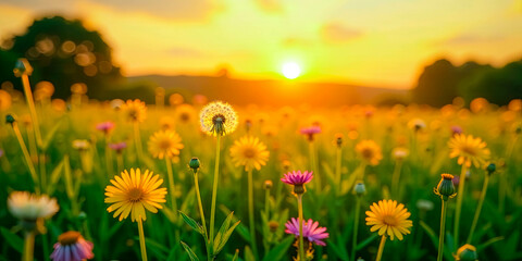 Obraz premium Golden Hour Meadow A Single Dandelion Stands Tall Amidst a Field of Blooming Wildflowers Bathed in the Warm Glow of the Setting Sun
