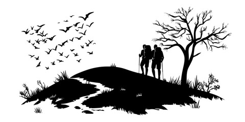 Pair of hikers navigating a forested trail wearing sturdy hiking shoes, Digital Art