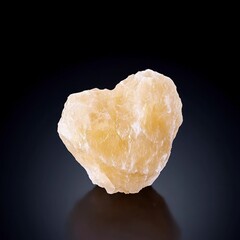 Heart-shaped raw calcite crystal on black background.