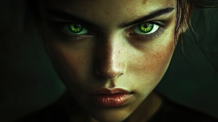 A young woman with intense green eyes stares directly ahead