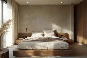 Minimalist bedroom with a wooden platform bed, neutral tones, and natural light streaming through sheer curtains.