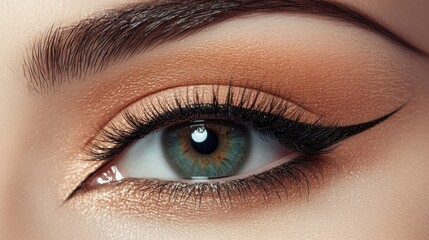 Obraz premium Detailed shot of an eye with perfectly applied eyelash extensions, showcasing long, dramatic lashes and a soft eyeliner.