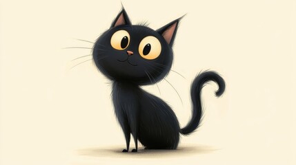 Happy cartoon black cat with a curled tail and wide eyes, drawn in a charming style with a clear background