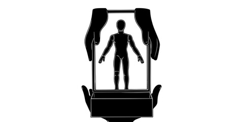 A person placing an action figure into a special case for protection, Digital Art