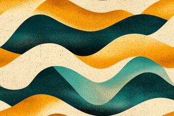 Abstract waves in vibrant colors create a dynamic visual flow, blending shades of blue, green, and orange against a sandy background.