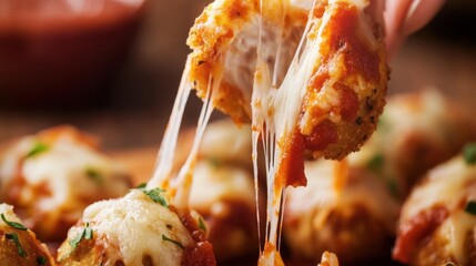 Cheesy garlic bites dipped in marinara sauce with gooey cheese stretching between bites, close-up shots highlighting crispy texture, melted cheese pull, and rustic presentation on a wooden table.