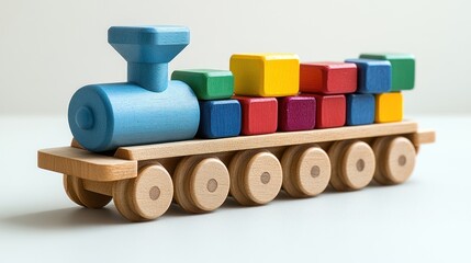 Wooden toy train carrying colorful blocks. (1)