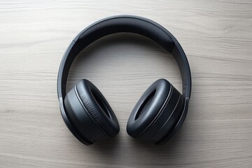 A pair of sleek, black over-ear headphones rest on a wood surface.