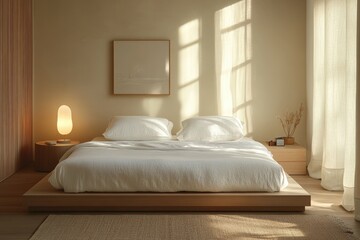Serene minimalist bedroom with sunlight streaming through sheer curtains, featuring a low platform bed and simple decor.