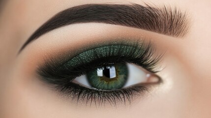 Obraz premium Detailed view of a green eye with wispy lash extensions, enhanced by a subtle gradient of eyeshadow.