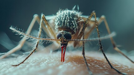 Detailed view of a mosquito with visible blood in its abdomen after feeding on human skin.