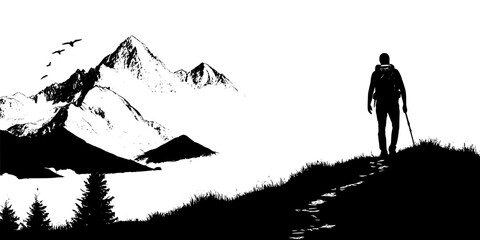 Solo hiker walking on a mountain trail with a view of distant peaks, Digital Art