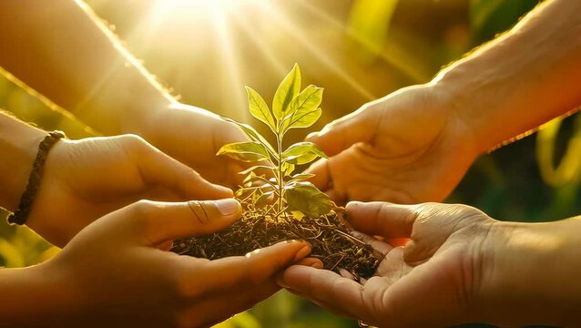 In golden sunlight, four hands cradle a sapling, suggesting teamwork in environmental conservation. The focus on unity and growth is clear.