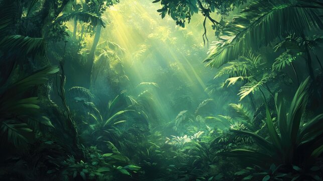 Sunbeams Illuminate Lush Tropical Rainforest Canopy